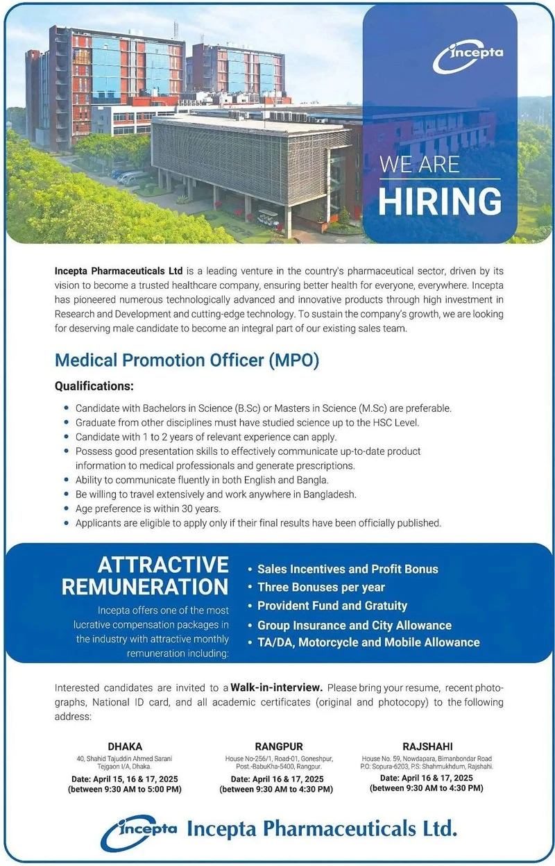 Incepta Pharma Job Circular 2025