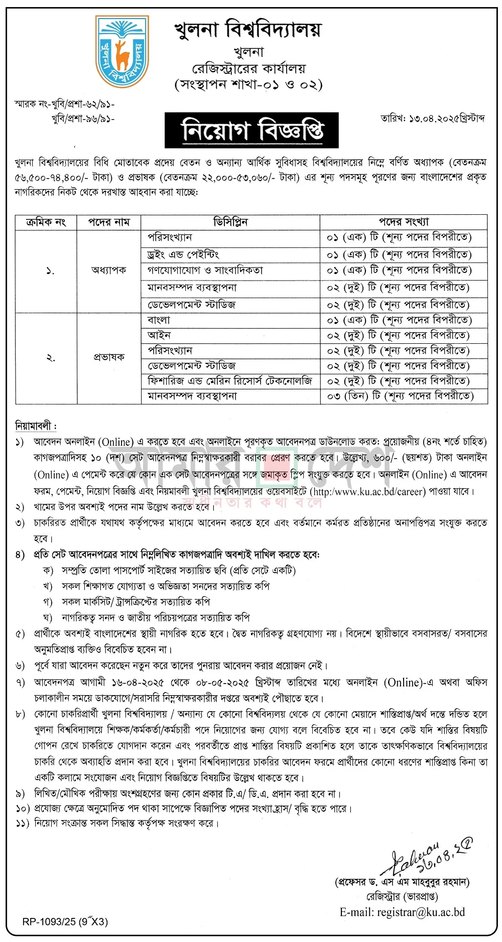 Khulna University Job Circular 2025