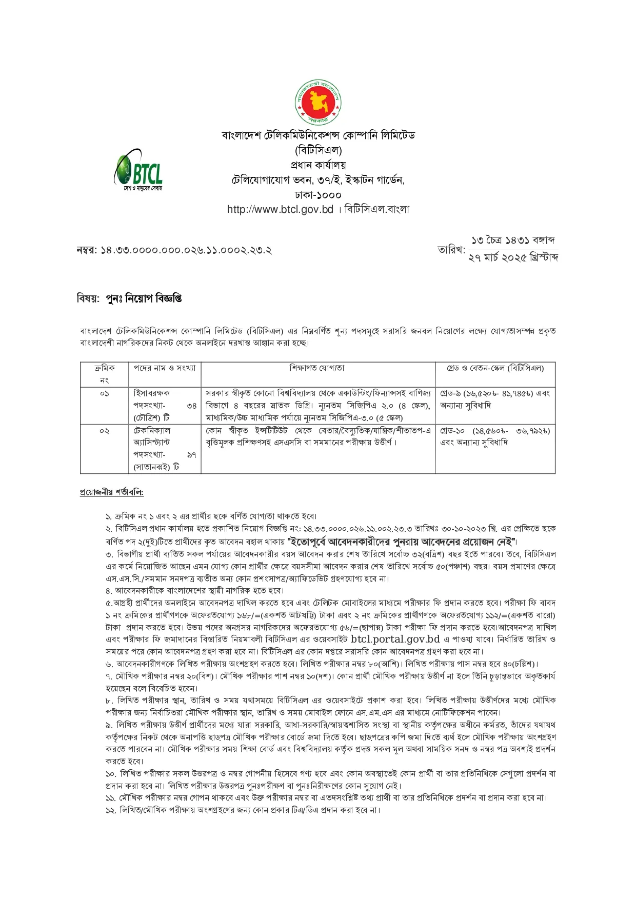 BTCL job circular