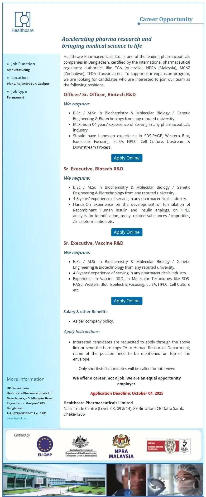 Healthcare Pharmaceuticals Job Circular 2025