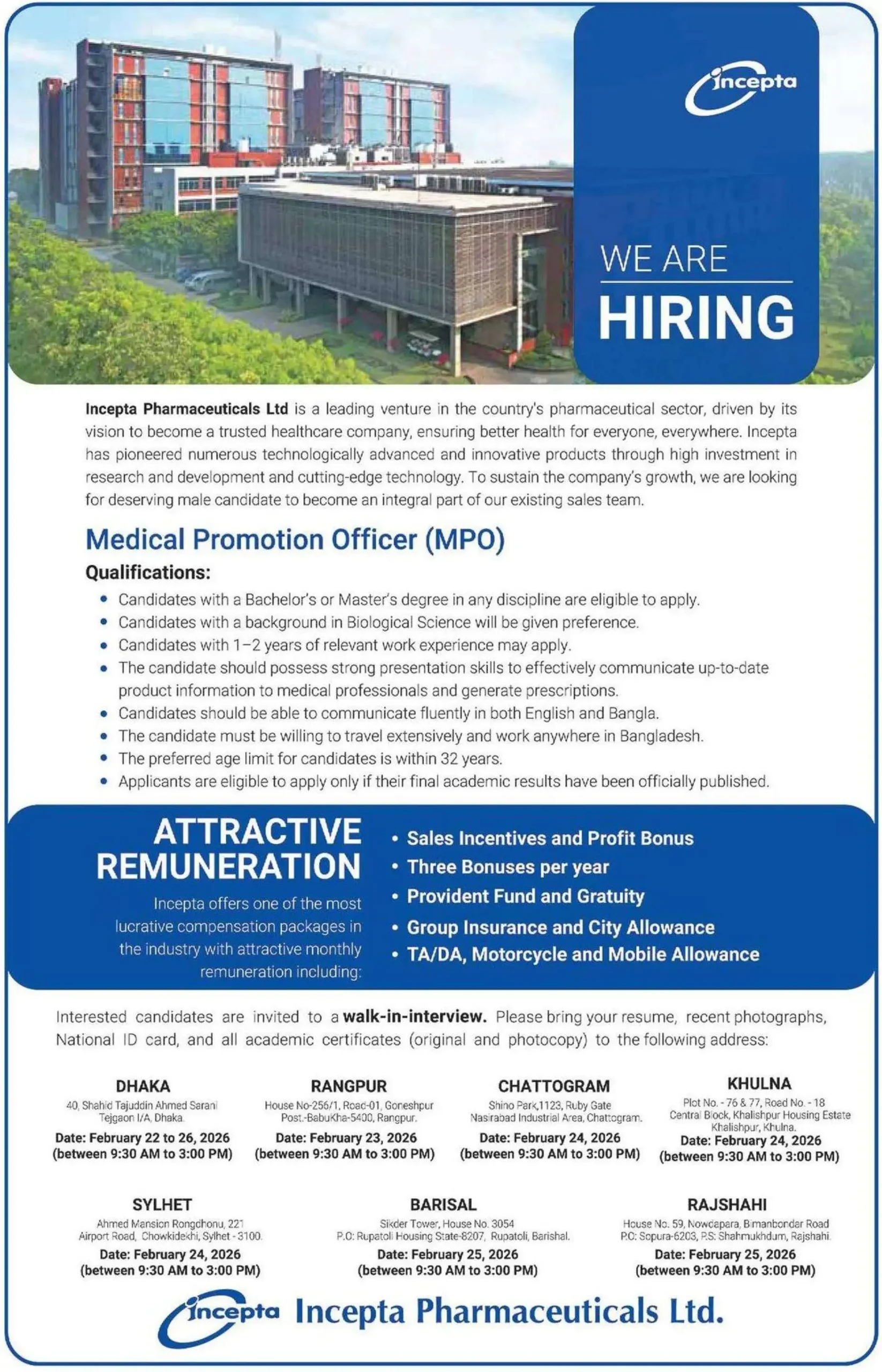 Incepta Pharma Job Circular 2026