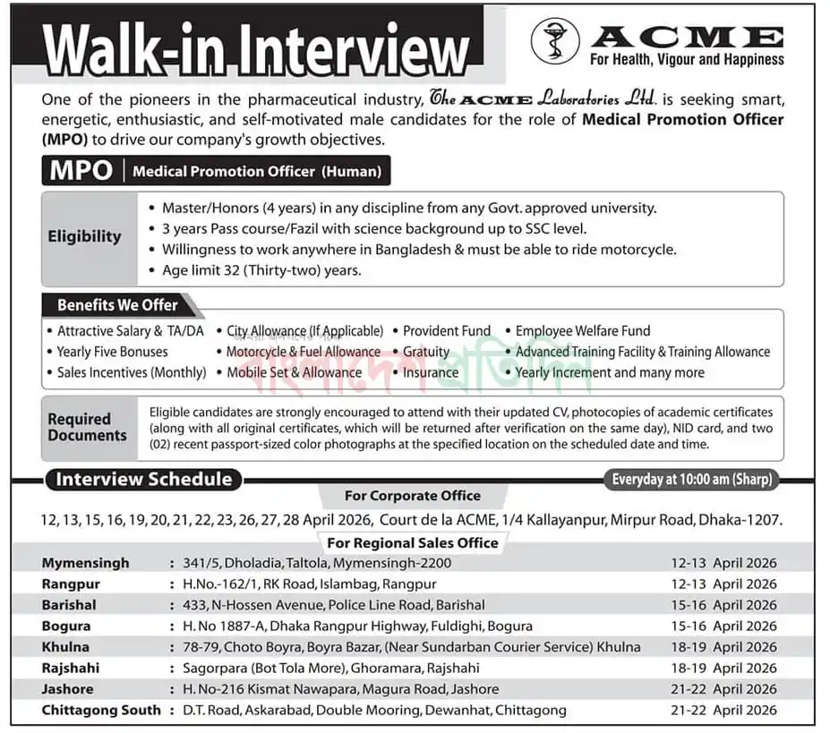 Acme pharmaceuticals job circular 2026