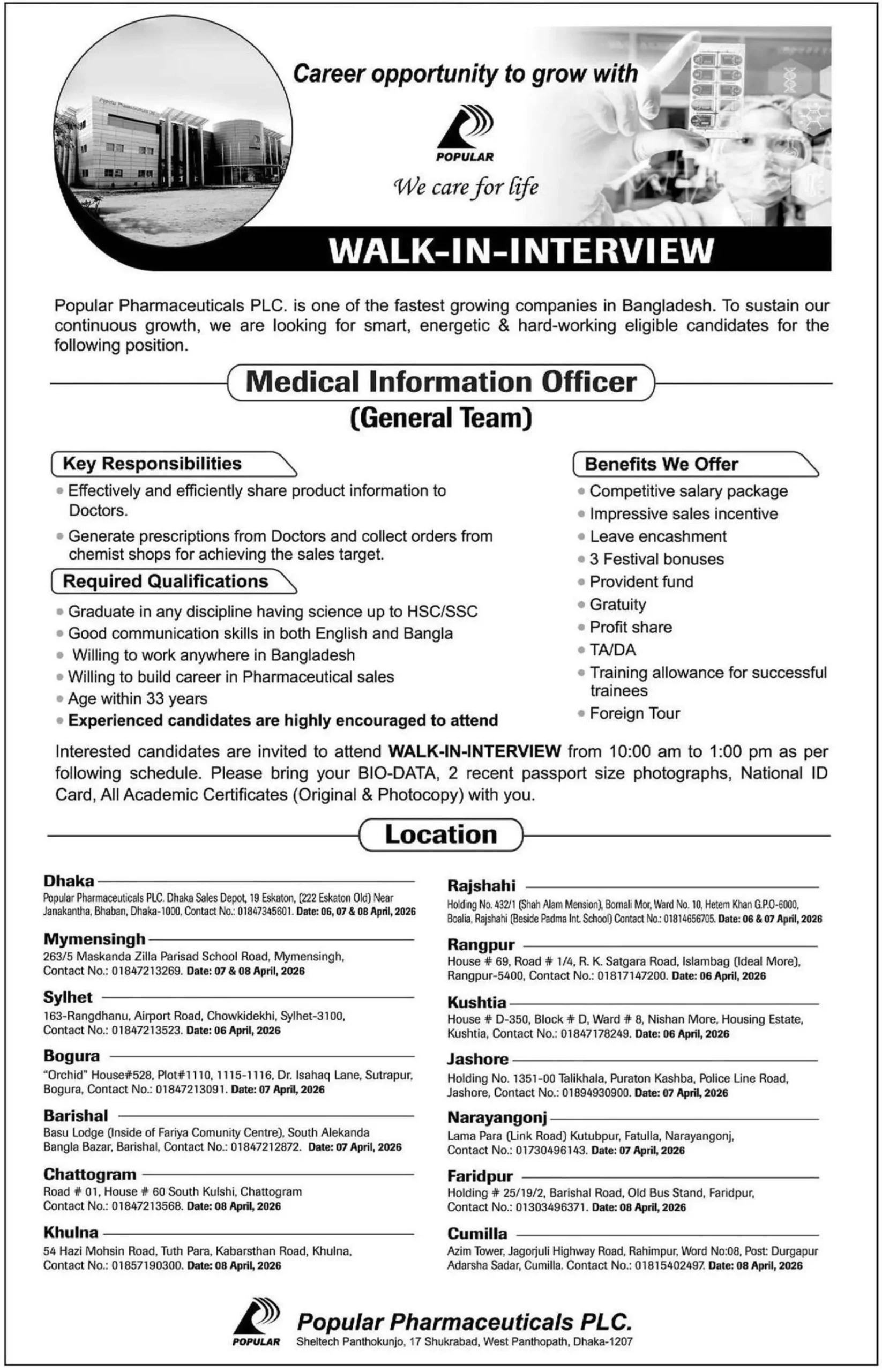 popular pharmaceutical job circular