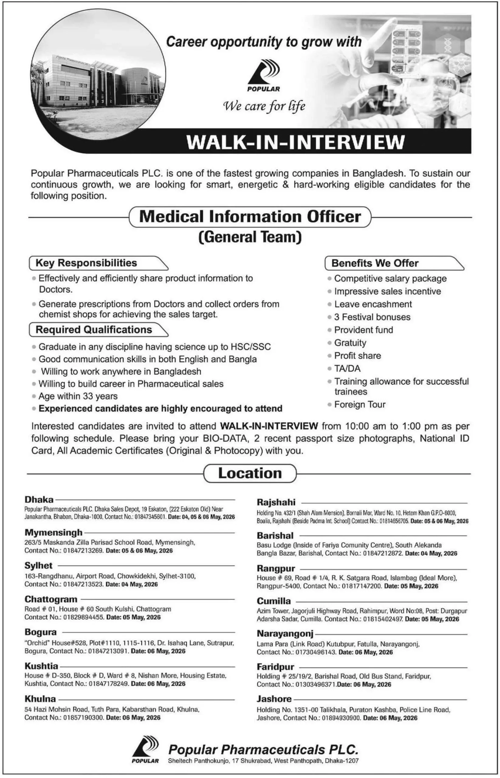 popular pharmaceutical job circular