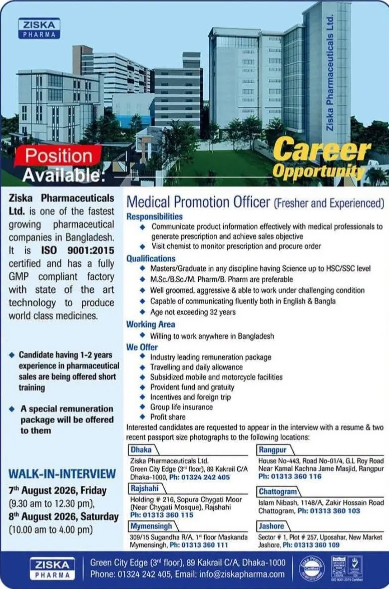 ziska pharma job circular 2026