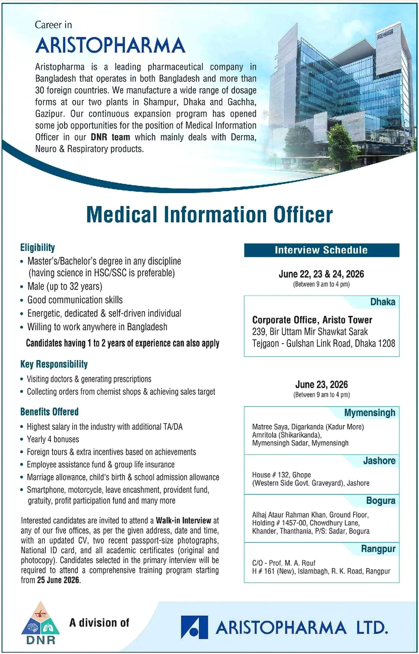 aristo pharma job circular 2026