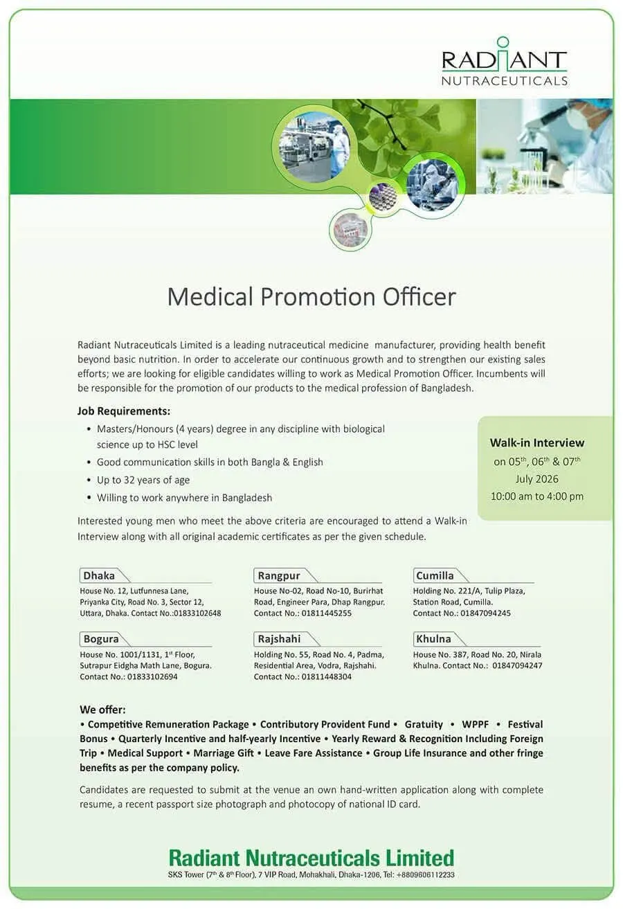 radiant pharmaceuticals job circular 2026